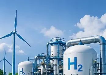 Green hydrogen plant with storage tanks and wind turbines