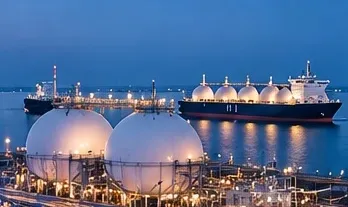 LNG terminal with spherical tanks and a gas carrier