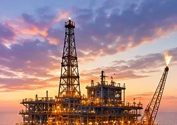 Offshore oil and gas platform at sunset