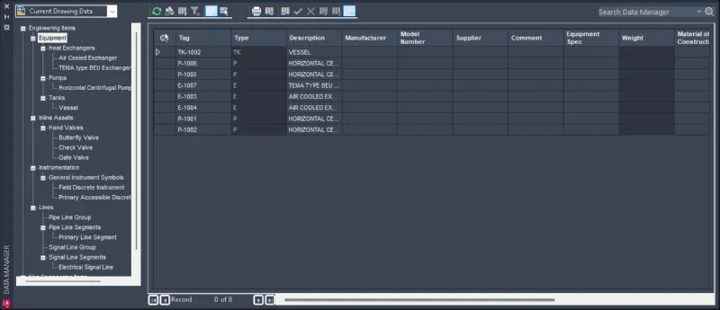 Plant 3D Data Manager showing converted equipment