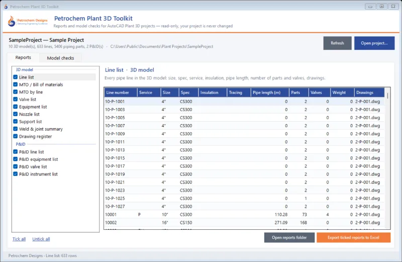 Plant 3D line list report with size, spec, pipe length and drawings