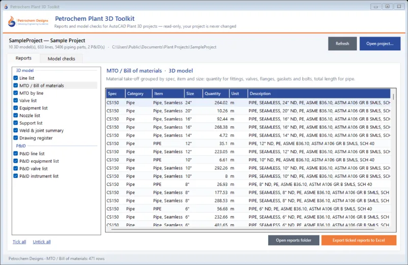 Plant 3D material take-off grouped by spec, item and size