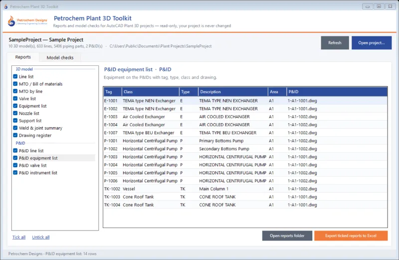 P&ID equipment list read from the Plant 3D P&ID database
