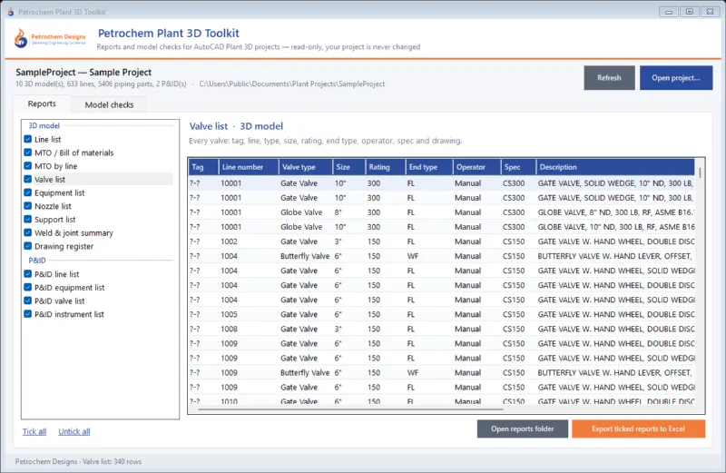 Plant 3D valve list with tag, line, type, size and rating
